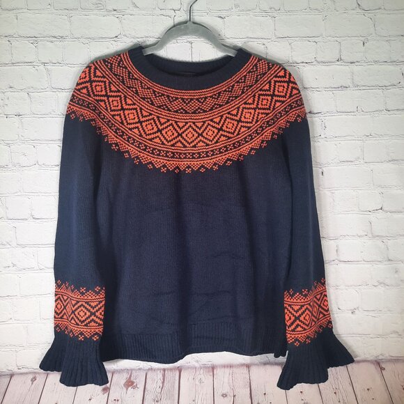 J. Crew Fair Isle Nordic Knit Sweater With Orange & Black Ruffle Sleeve - Picture 3 of 11